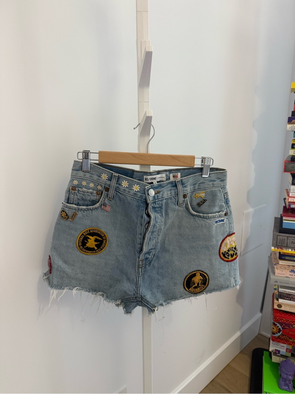 Re/Done Light Blue Embroidered Patch Denim Cutoff Shorts